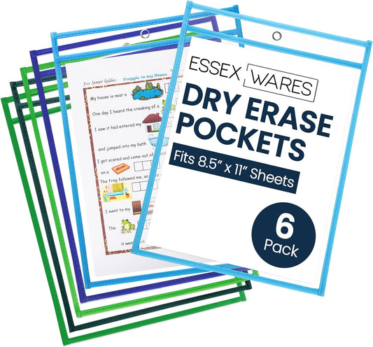 Essex Wares - 6 Pack, Blues & Greens, Water-Resistant Dry Erase Pocket Document Protectors, 10" Wide x 13.5" Tall - Dry Erase Clear Plastic Sleeves - Reusable & Easy Erase Plastic Invoice Holders