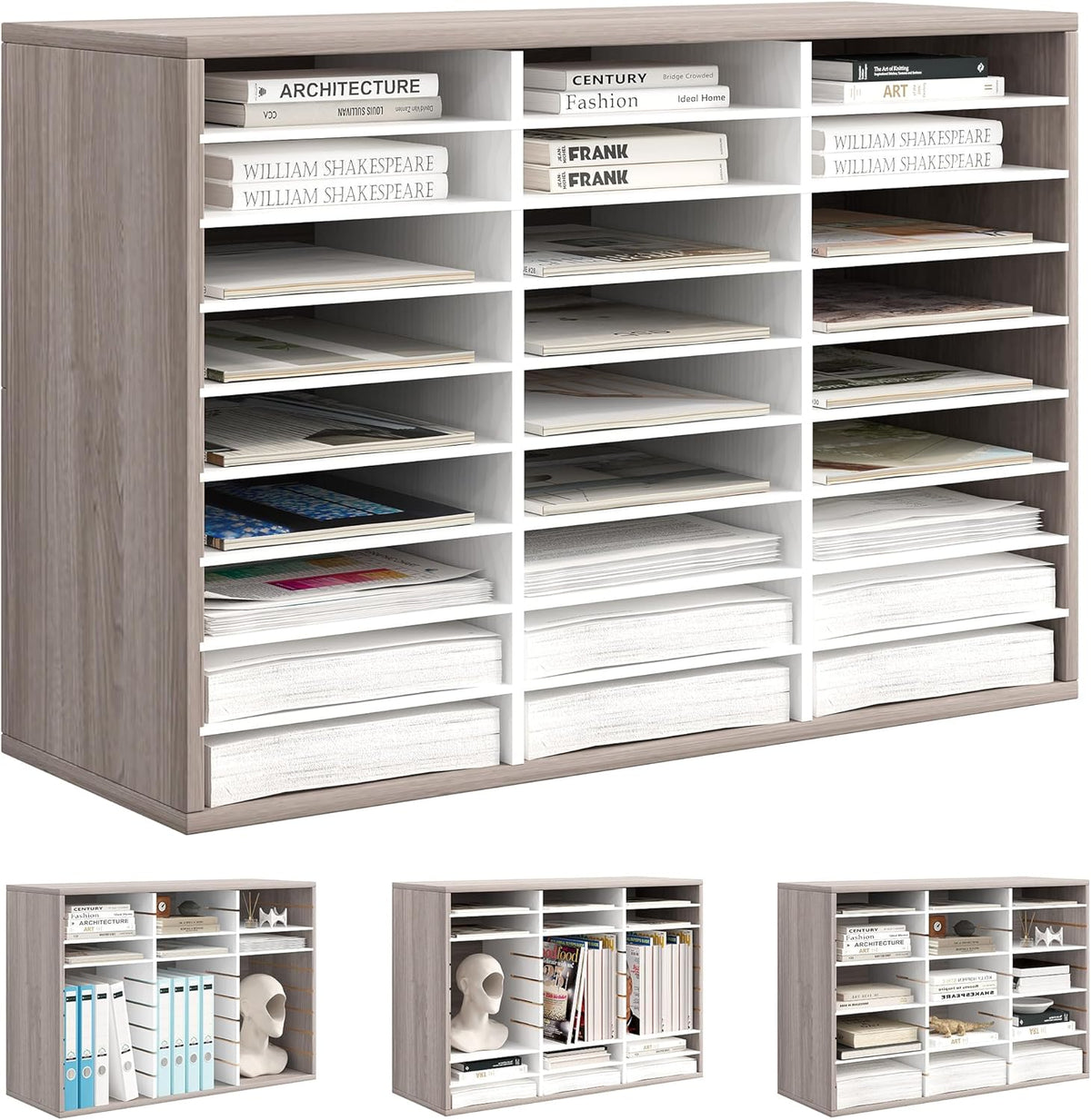 Mail Organizer Countertop, 27 Slots Wooden Desk File Literature Sorter, Adjustable Paper Storage Shelves Document Holder, Space Saving Desktop Mailbox for Office Classroom, Retro Grey/White