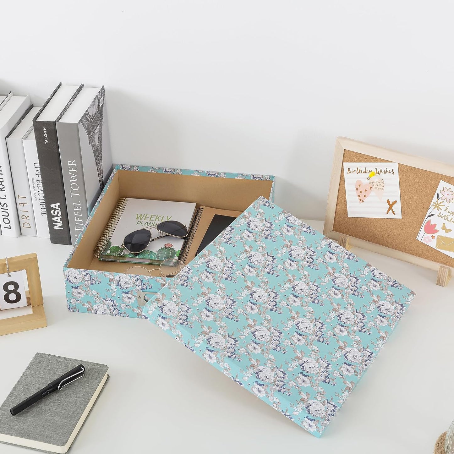 Soul & Lane Photo Storage Box with Lid, 14.8 × 13.0 × 3.7 Inches, Floral Keepsake Memory Organizer, Cardboard Storage for Photo Albums, Scrapbooks, Artwork, Stationary, Memorabilia, Blue Cottage