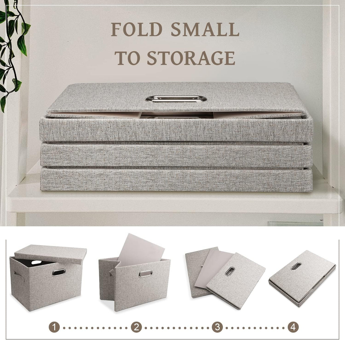 Medium 15" 21 Quart Collapsible Stackable Storage Bins with Lids, 3 Packs Beige Foldable Fabric Closet Boxes Heavy-duty Linen Cube Baskets Container for Bedroom Office (15 x 11 x 8)