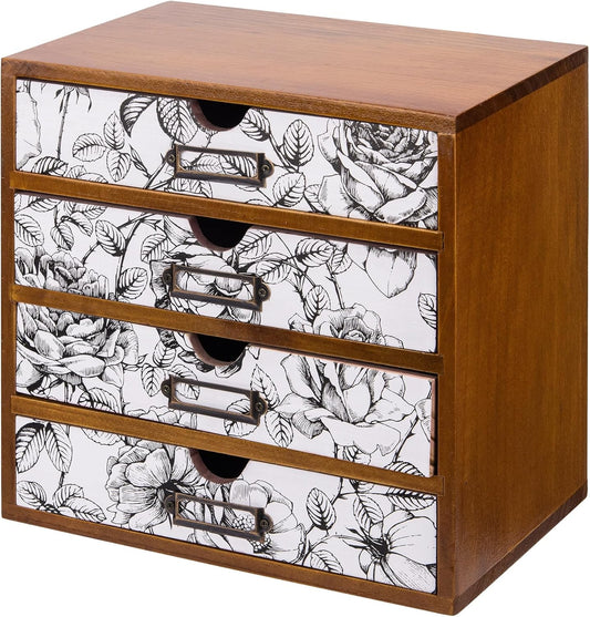 Vintage Desk Organizer with 4 Black & White Floral Drawers - Wooden Storage Shelf Drawer for Tabletop - Wood Desktop Organizing Box Cabinet - Black & White Monochrome Botanical Toile de Jouy