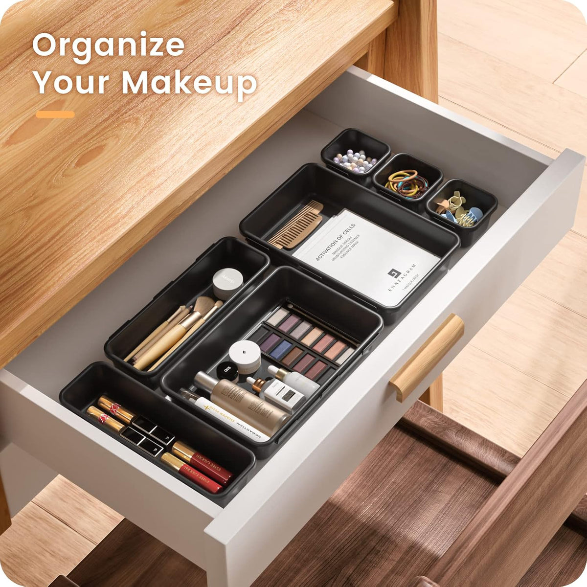 【𝟮𝟮𝗣𝗖𝗦】A-LUGEI Plastic Black Desk Drawer Organizer, Bathroom Organizers and Storage, Makeup Organizer, Organization and Storage Bin Container for Vanity Office Utensils Tool Pantry Cosmetic