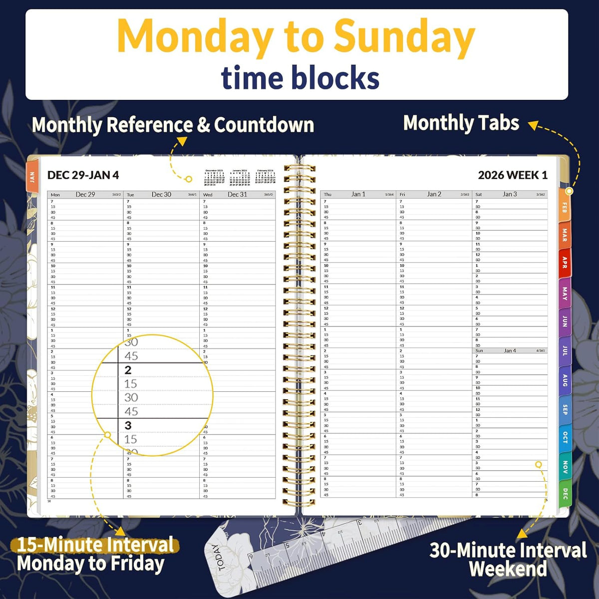 SUNEE 2026 Appointment Book, Quarter-Hourly, Weekly & Monthly - from January 2026 - December 2026, 8.5"x11" Weekly Planner, Flexible Cover, Note Pages, Pockets, Bookmark, Spiral Binding, Dark Blue