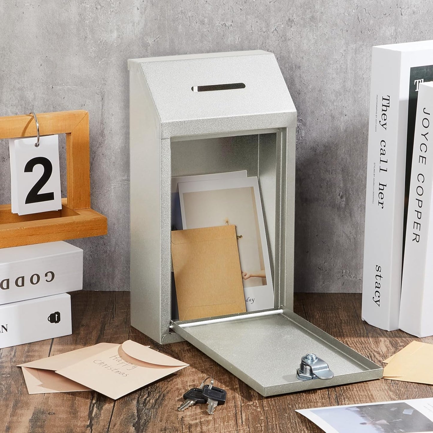 2 Pack Metal Suggestion Boxes with Lock Keys Ballot Donation Boxes with Slot for Fundraising Wall Mounted Mailbox Delivery Container for Home Office Outdoor Door, 10.2x5.7x2.95in(White)