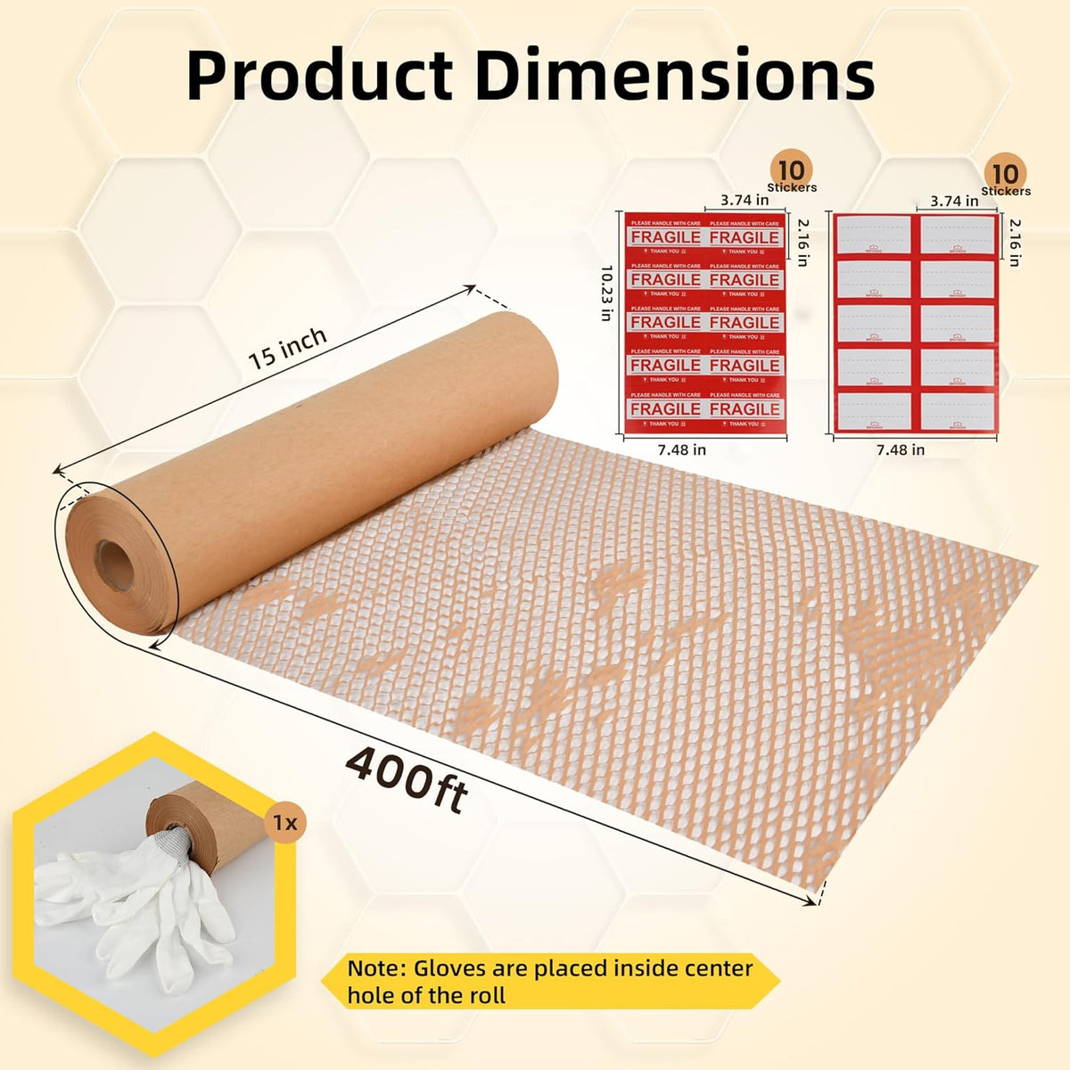 Honeycomb Packing Paper 15"x400' Roll with Fragile & Labeling Stickers, Gloves - Bubble Wrap for Moving,Products & Gifts Wrapping Paper, Recyclable & Biodegradable Cushioning Packing Material