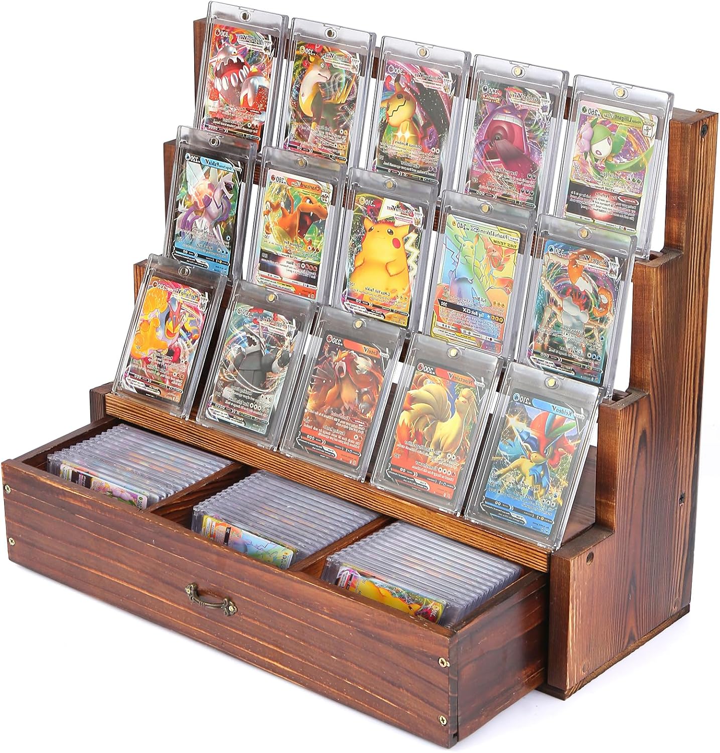 Card Display Stand with Storage Cabinet – Wooden 3-Tier Baseball Card Display Stands for PSA Graded Cards – Trading Card Display Stand for Sports Card Collection & Organization