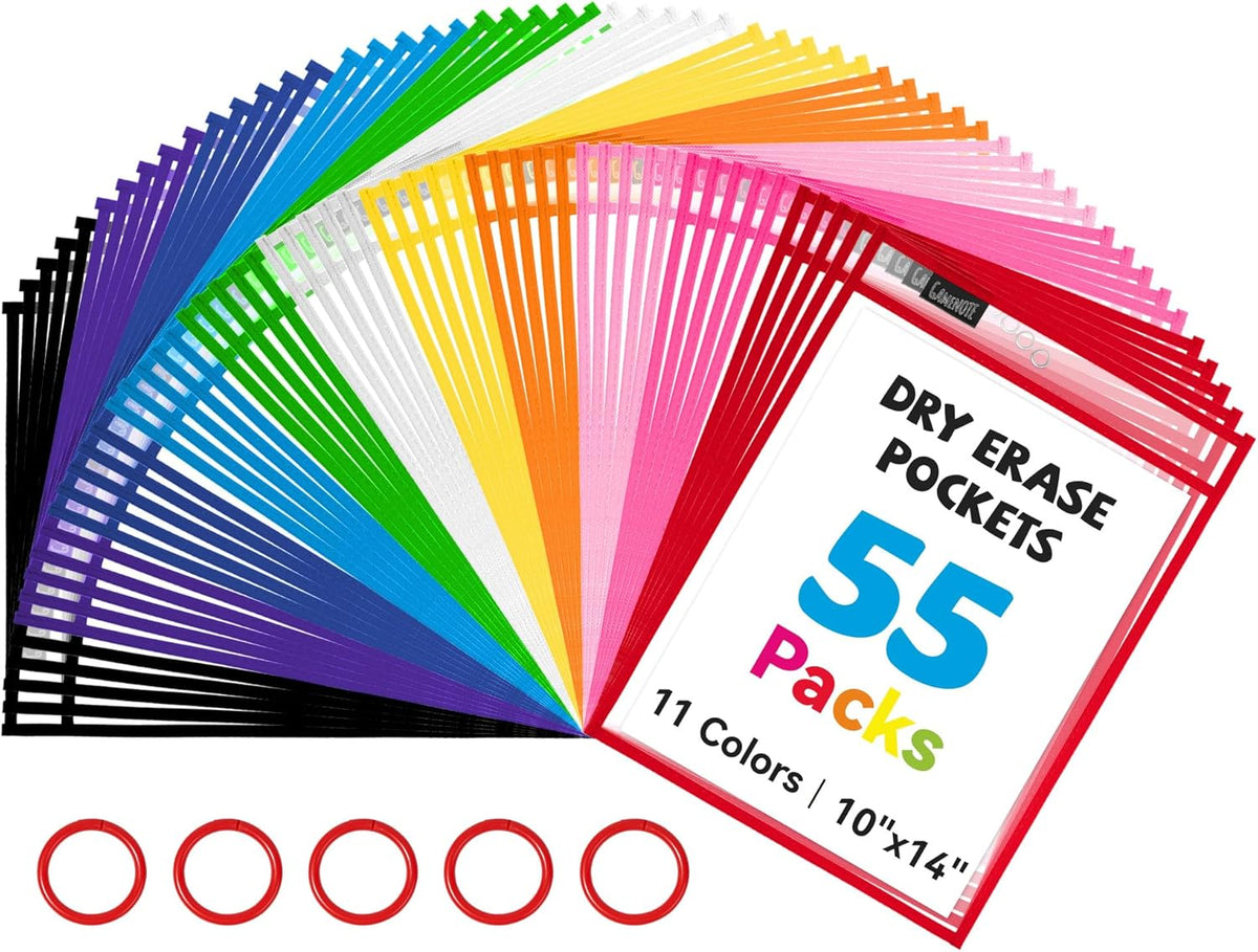 Gamenote 55 Pack Dry Erase Pockets with 5 Rings, 11 Assorted Colors 10x14 Oversized Reusable Plastic Sleeves, Clear Sheet Protectors, Teacher Supplies for Classroom Organization