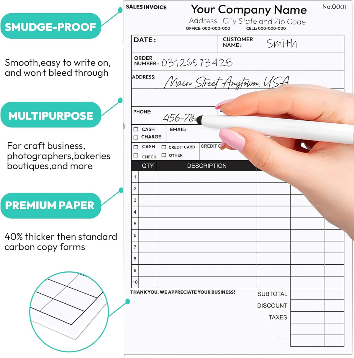 Custom 8.5" X 11" Invoice Receipt Book, Carbonless NCR Invoice Book in 3-Part Duplicate Receipts, Estimates, Purchase Orders, Sales Orders, Price Forms with Your Company/Business Name