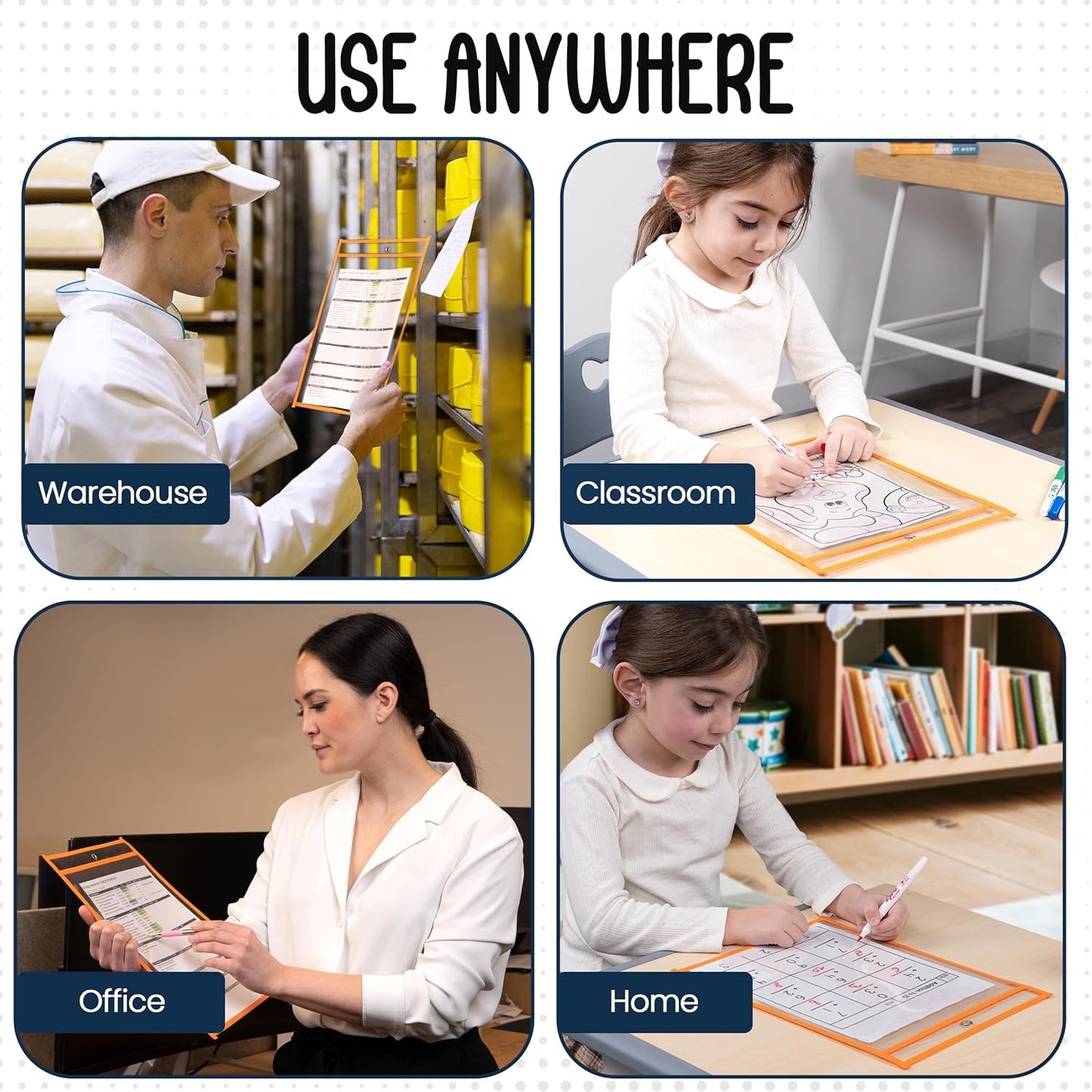 Essex Wares - 6 Pack, Orange, Dry Erase Pocket Document Protectors, 10" Wide x 13.5" Tall - Dry Erase Clear Plastic Sleeves - Reusable & Easy Erase Plastic Invoice Holders, Water-Resistant & Durable
