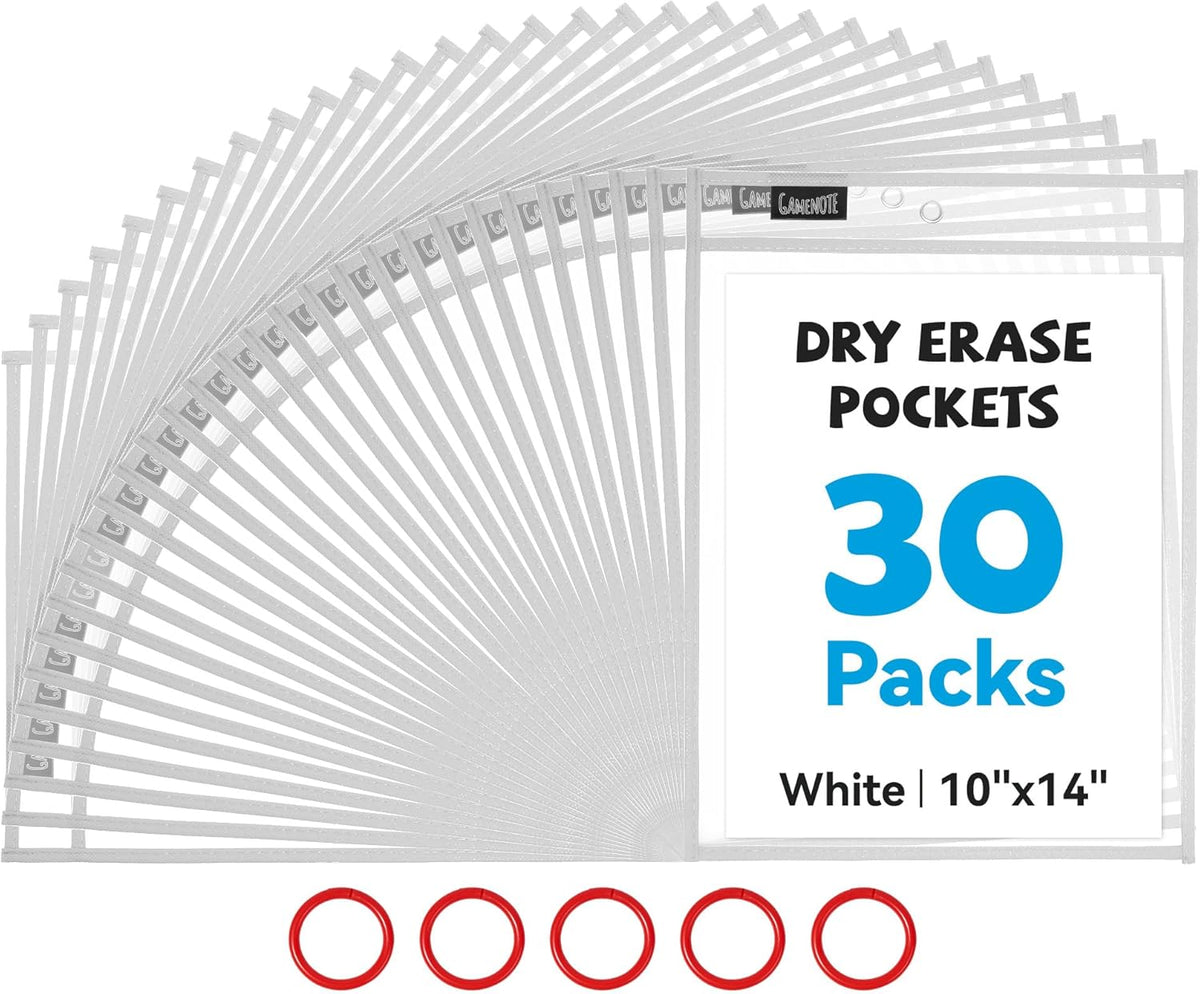 Gamenote 30 Pack White Dry Erase Pockets with 5 Rings, 10x14 Oversized Reusable Plastic Sleeves, Clear Sheet Protectors, Teacher Supplies for Classroom Organization