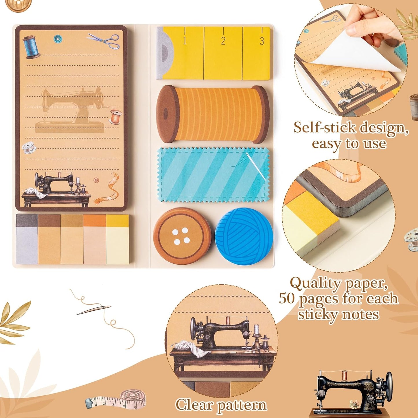 Xqumoi Retro Sewing Sticky Notes Set - Any Day Spent Sewing is A Good Day Self-Stick Note Pads Teacher Appreciation Notepads Writing Memo Pad Page Marker Back to School Office Supplies, 550 Sheets