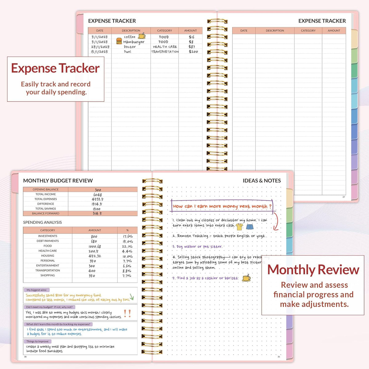 SUNEE Budget Planner - Monthly Budget Book with Expense Tracker Notebook, Undated 12 Month Bill Organizer & Finance Planner to Manage Your Money, A5(6.4" x 8.3") Account Book with Colorful Tab, Pink
