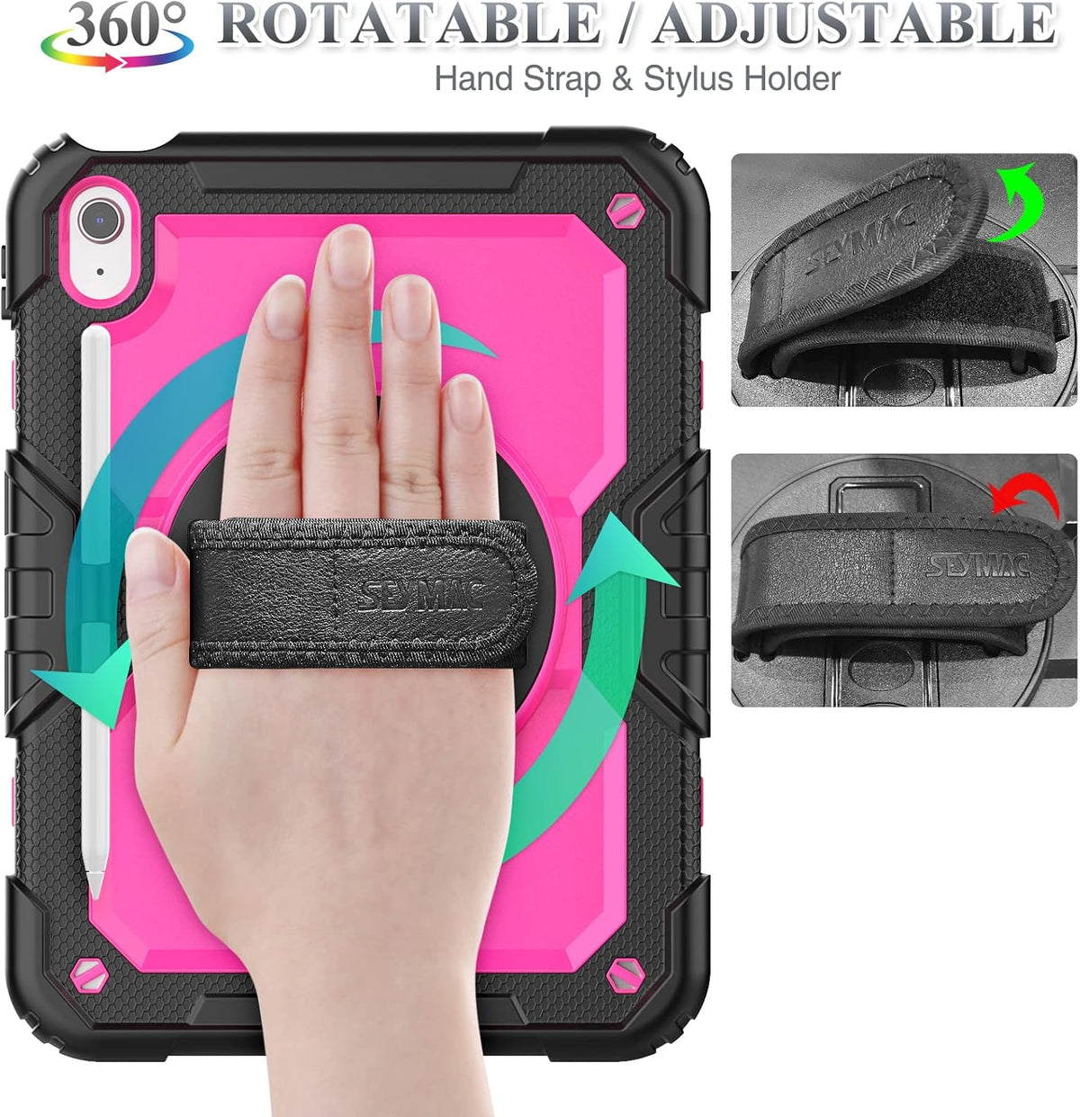 SEYMAC stock Case for iPad (A16) 11th/10th Generation 11''/10.9'' 2025/2022, Full-Body Drop Protection Case with Screen Protector &360° Rotate Hand Strap/Stand, Pink+Black