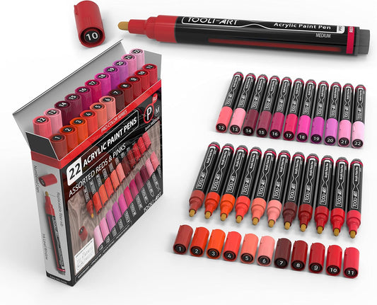 TOOLI-ART 22 Acrylic Paint Markers Paint Pens Pro Color Series Set 3mm Medium Tip for Rock Painting, Glass, Mugs, Wood, Metal, Glass Paint, Canvas, DIY. Non Toxic, Waterbased, Quick Drying (REDS)