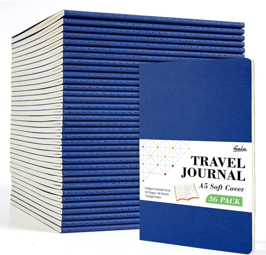 feela 36 Pack Soft Cover Journal Bulk, Lined Blank Travel Journal for Women Men Writing, Notebooks College Ruled for Work, Note Taking Notebook School Business Supplies, 8.2” x 5.5”, A5, Navy