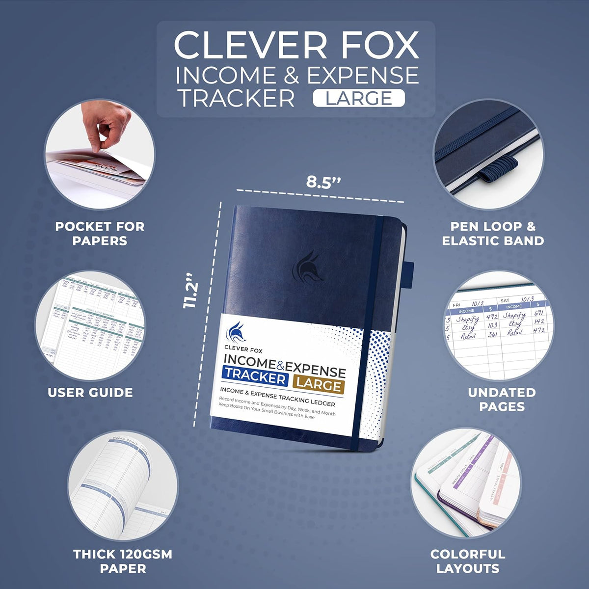 Clever Fox Income & Expense Tracker Large – Accounting & Bookkeeping Ledger Book for Small Business – 2-Year Record Notebook, A4 (Dark Blue)