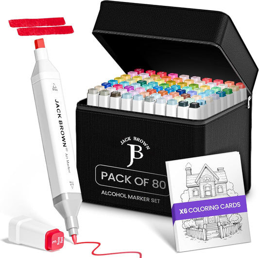 JACK BROWN 80 Colors Alcohol Markers Set with Fine & Chisel Dual Tip - Professional Art Markers for Adults & Kids, Perfect for Drawing, Sketching, Coloring & Animation - Includes Durable Marker Case