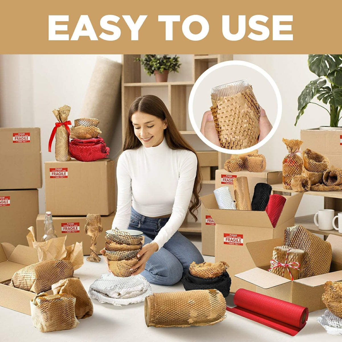 Honeycomb Packing Paper, 12"x150' Brown | Perforated Honeycomb Packing Paper Recyclable Moving Supplies for Shipping & Moving | Plastic-Free Alternative to Bubble Cushion Wrap with 36 Fragile Stickers