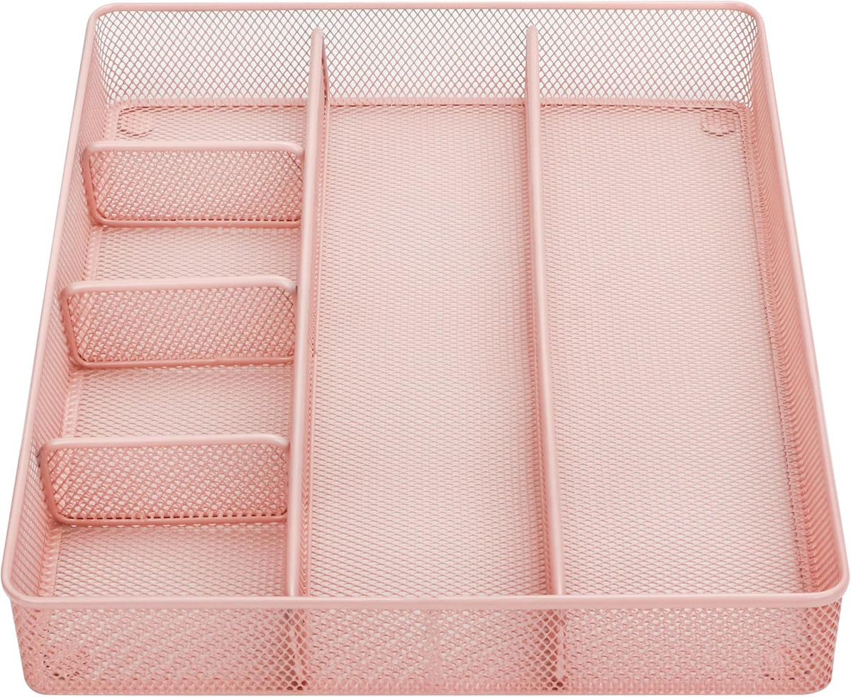 Annova Desk Top Organizer Tray for Office Organization - Metal Mesh - Storage Tray with Dividers for Pens, Desktop Accessories, Bathroom, Kitchen, Makeup and Office Supplies (Large, Light Pink)