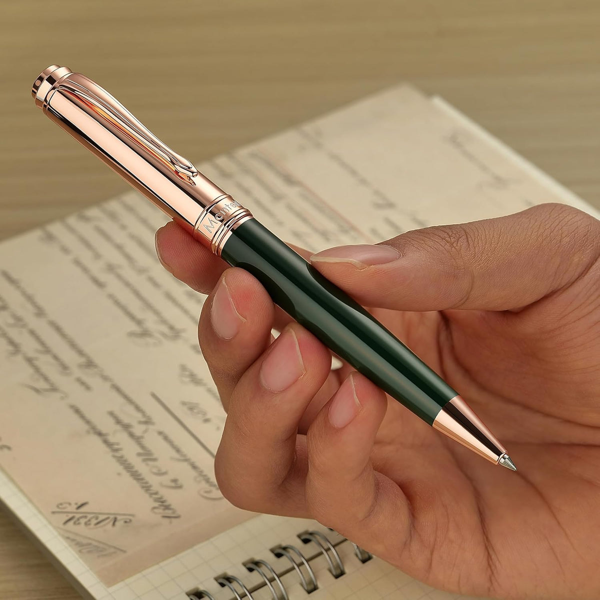 Luxury Gel Pen, Top Set With 8mm Brilliant Diamond,Dark Green Pen Body,Attractive Rose Real Gold Finish, Black Refill,Elegant Gift Pen For Women, Executive, Fancy, Graduation, Nice Pens