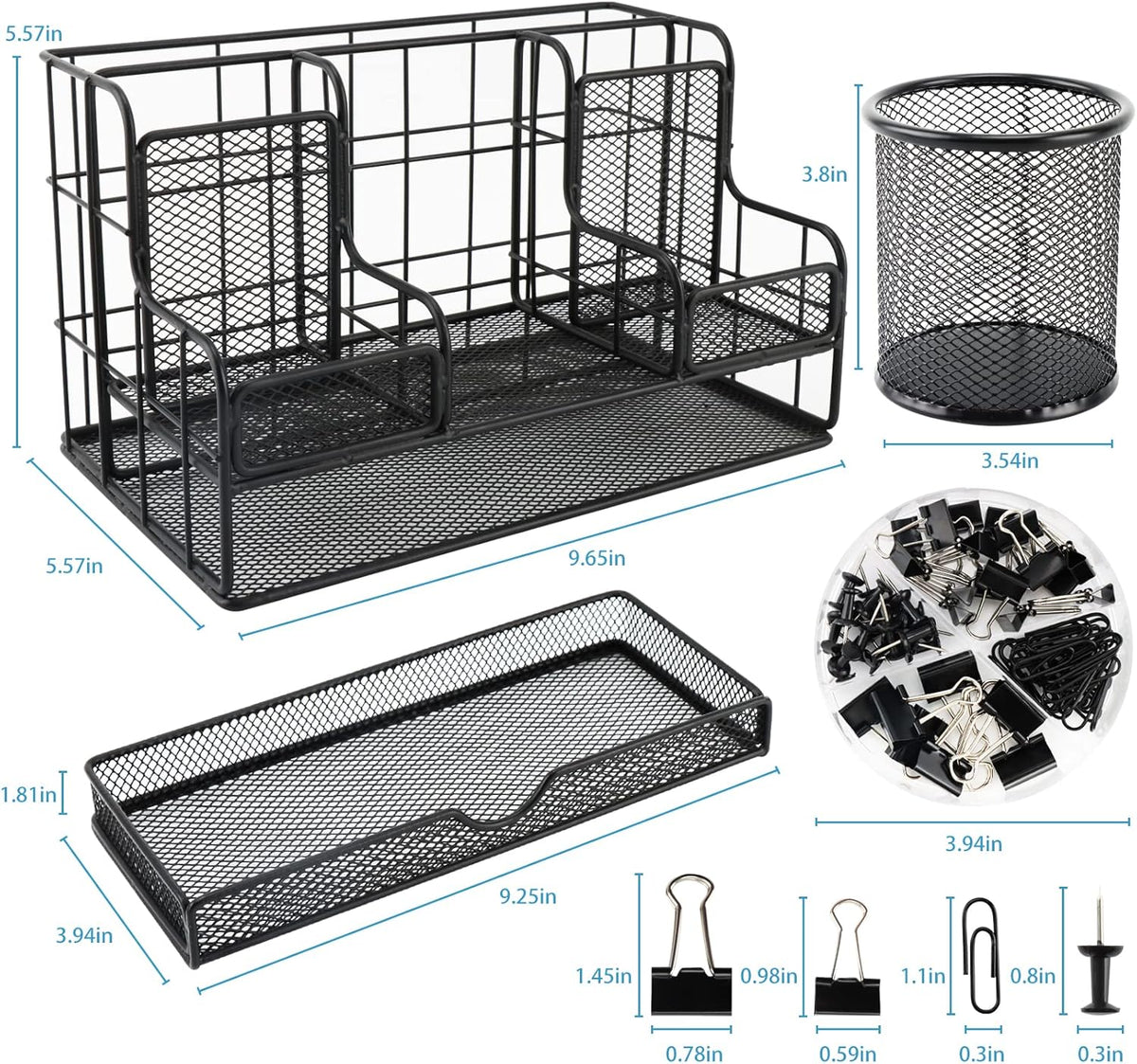Desk Organizers Caddy and Accessories with 7 Compartments + Pen Holder / 72 Clips Set, Drawer, Black Mesh Office Supplies Desktop Organizer for Home, Office Ect