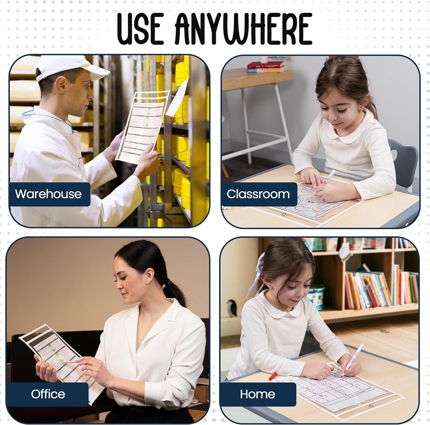 Essex Wares - 6 Pack, White, Dry Erase Pocket Document Protectors, 10" Wide x 13.5" Tall - Dry Erase Clear Plastic Sleeves - Reusable & Easy Erase Plastic Invoice Holders, Water-Resistant & Durable