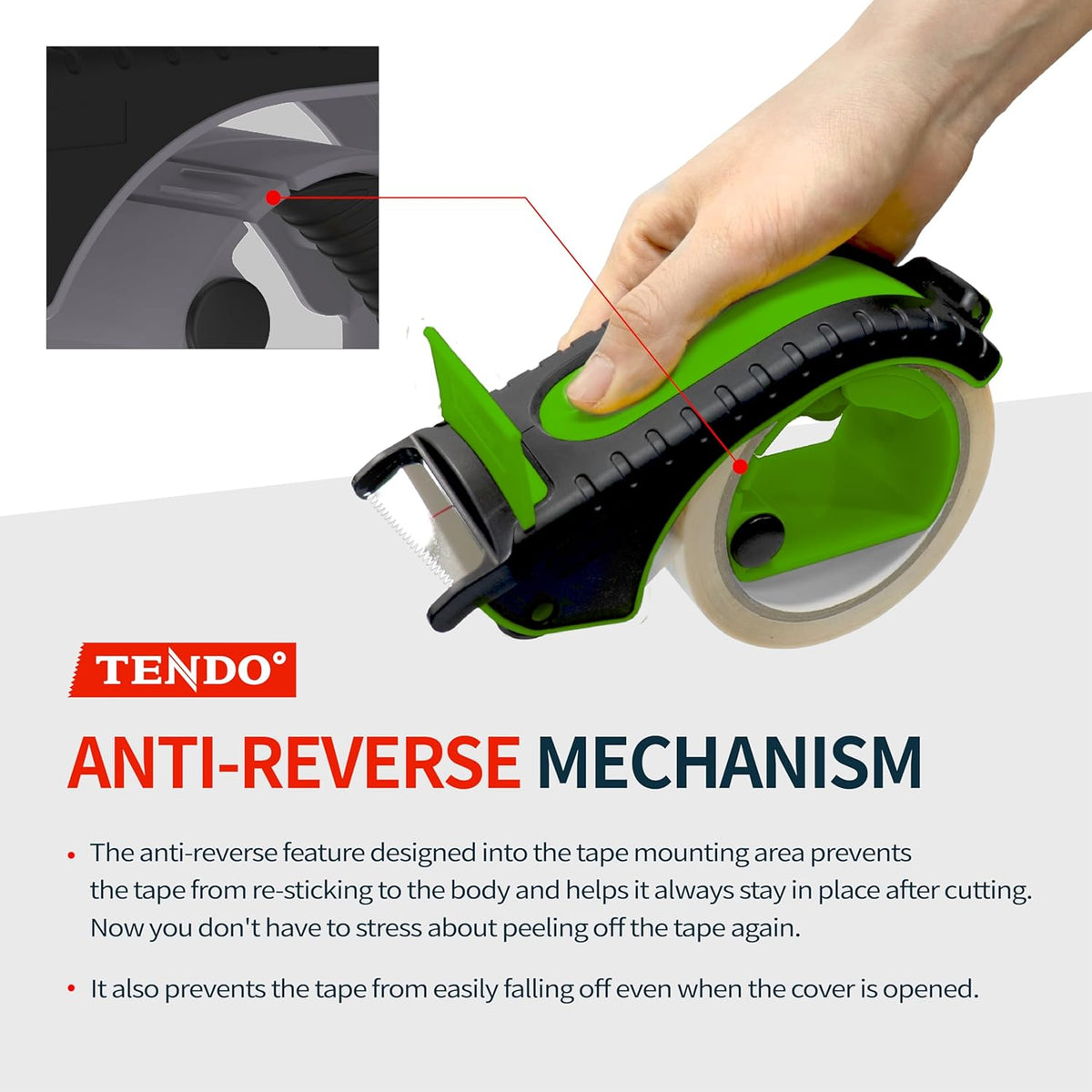 Heavy Duty Shipping Tape Dispenser: TENDO° Premium Line – Reusable, Replaceable, Eco-Friendly 2’’ Master Piece Dispenser for Pros with Patented 10° Sloped Chromium Blades - P-2200 (4th Gen.)_Green