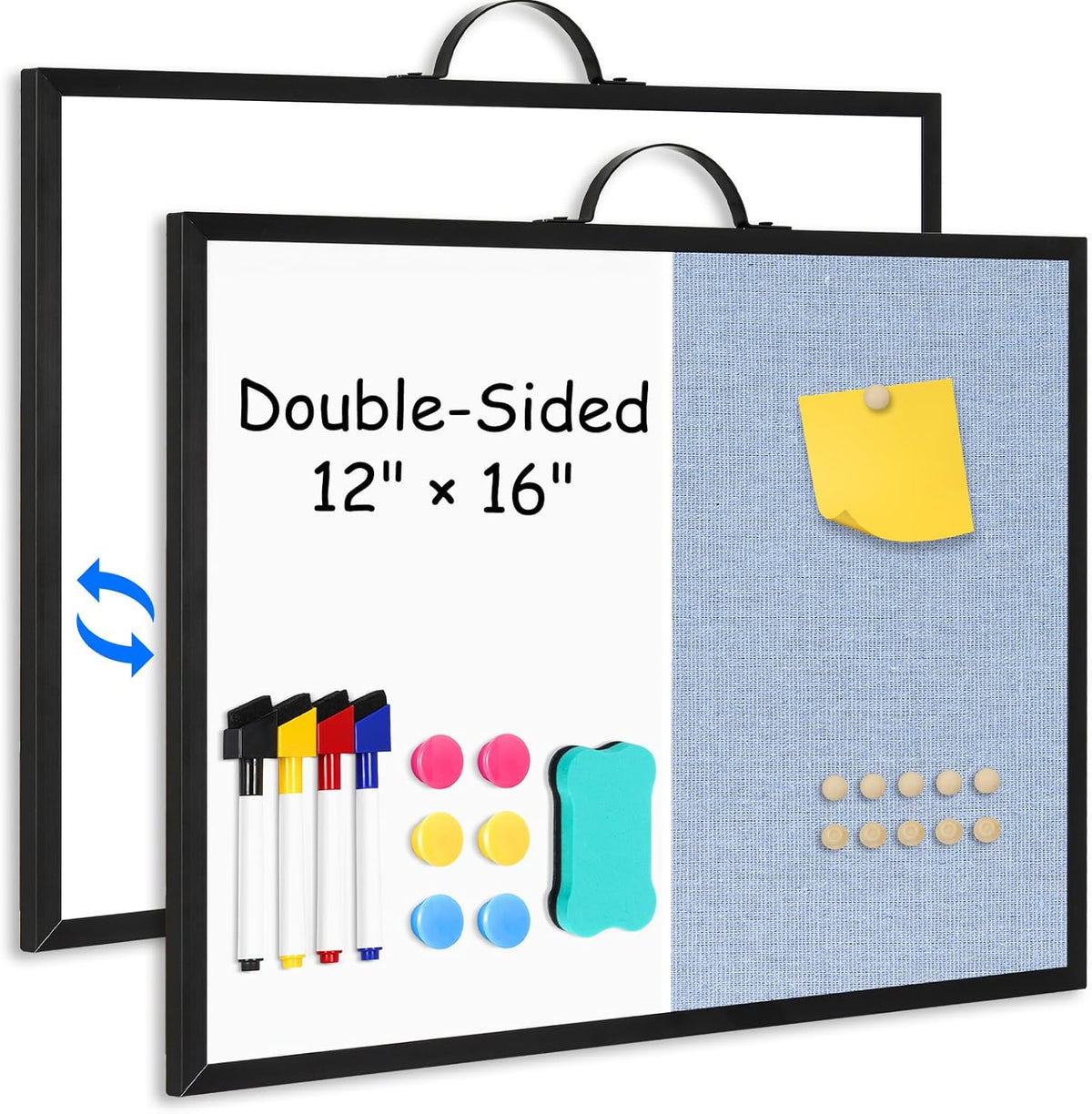 White Board Linen Bulletin Board Combo, 16"x12", Double-Sided Magnetic Dry Erase Cork Board for Walls, Aluminum Frame Small Pin Board with Handles for Home, Office, School, Light Blue Felt