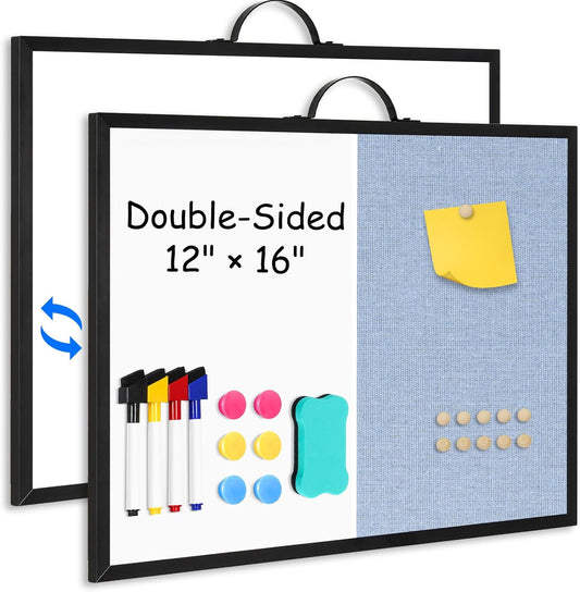 White Board Linen Bulletin Board Combo, 16"x12", Double-Sided Magnetic Dry Erase Cork Board for Walls, Aluminum Frame Small Pin Board with Handles for Home, Office, School, Light Blue Felt