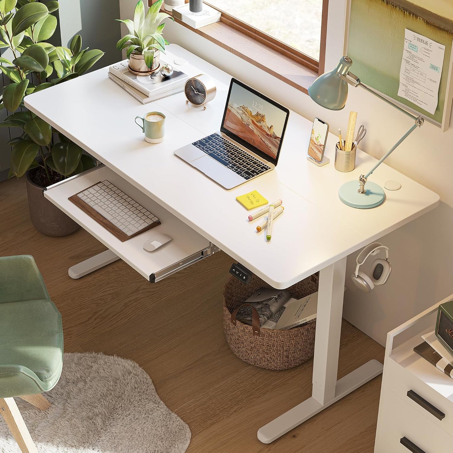FEZIBO Standing Desk with Keyboard Tray, 55 x 24 Inch Adjustable Height Sit Stand Desk with Memory Presets for Home Office, Ergonomic Computer Workstation, White