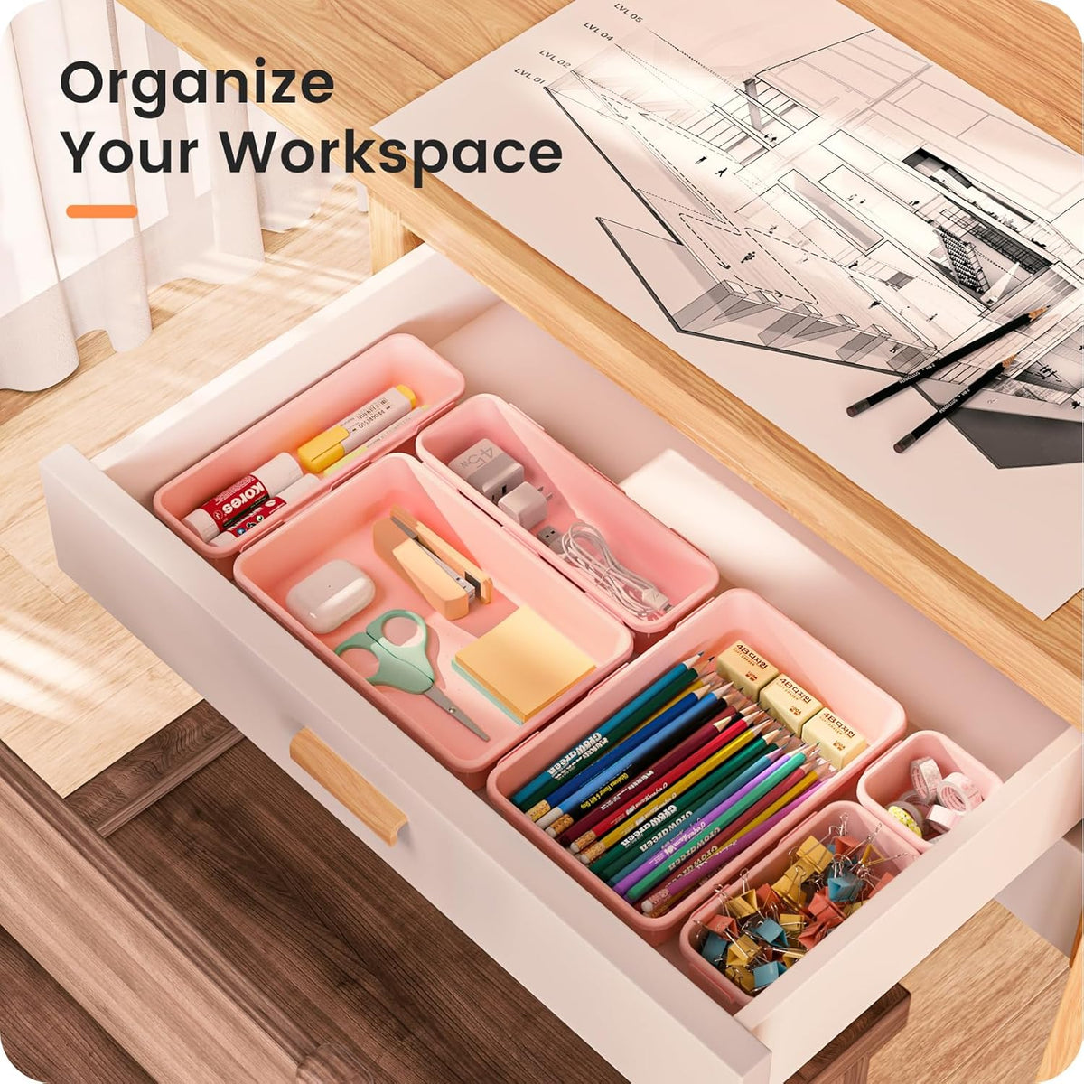 【28PCS】A-LUGEI Drawer Organizer, Bathroom Organizers and Storage, Makeup organizer, Desk drawer organizer, Storage Bins for Kitchen Office Bedroom Vanity Jewelry Pantry Garage【Pink】【4Size】