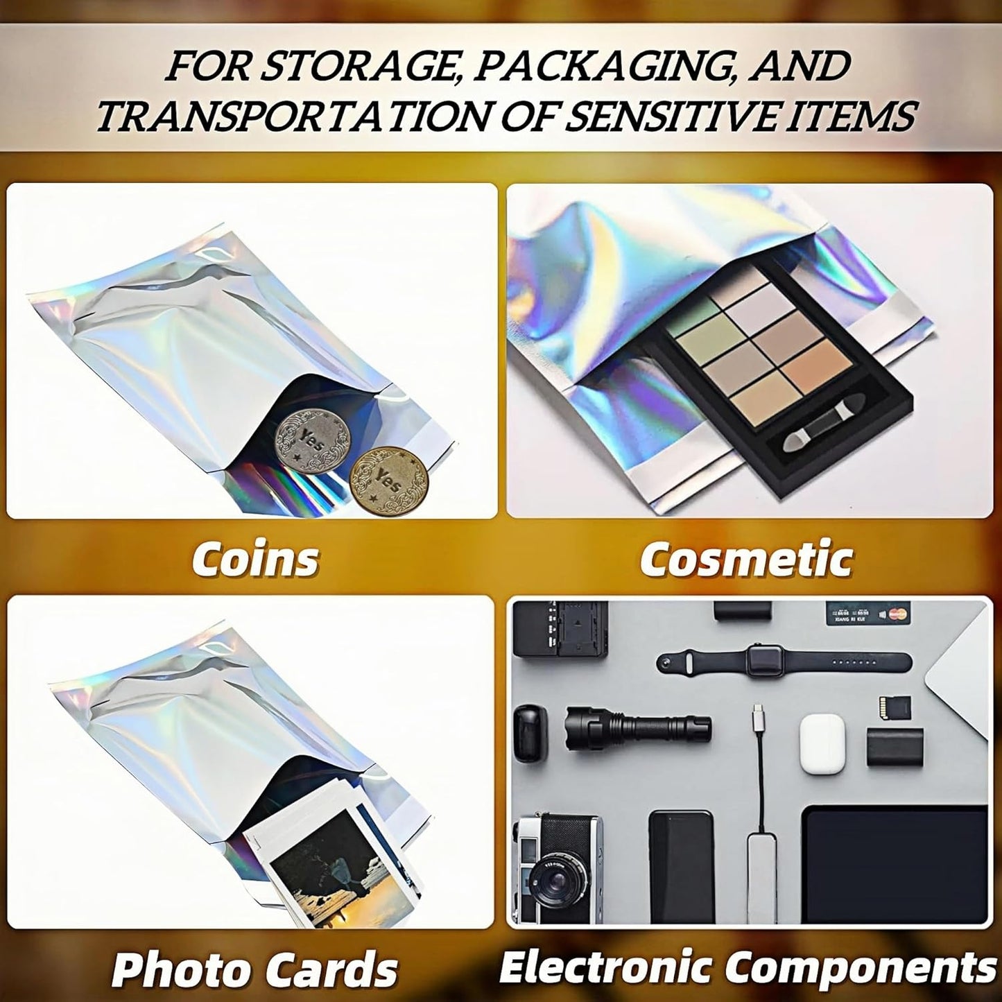 PABCK 100 Pack 6.49x9.06+1.57 inch Holographic Metallic Poly Mailers Self Sealing Packaging Aluminum Foil Glitter Bags Shipping Envelopes Mailing Storage Pouches for Shipping Packaging