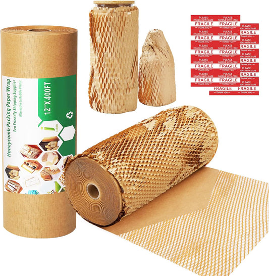 Honeycomb Packing Paper Wrap 12"x400' Sustainable Alternative to Bubble Cushioning Wrap Biodegradable & Fully Recylable for Moving/Shipping/Packing Roll with 20 Fragile Stickers