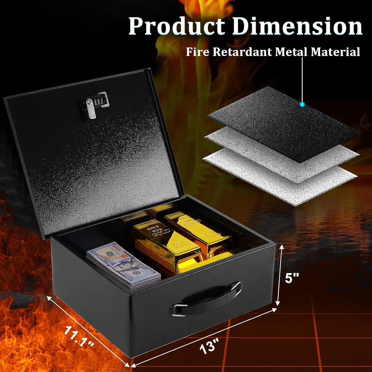 Dalmbox Portable Metal Safe Box with Dual Combination and Key Lock - Fire Resistant Storage for Documents, Car, Home and Outside - X Large 13.2"x 11"x 5.1" Black Box