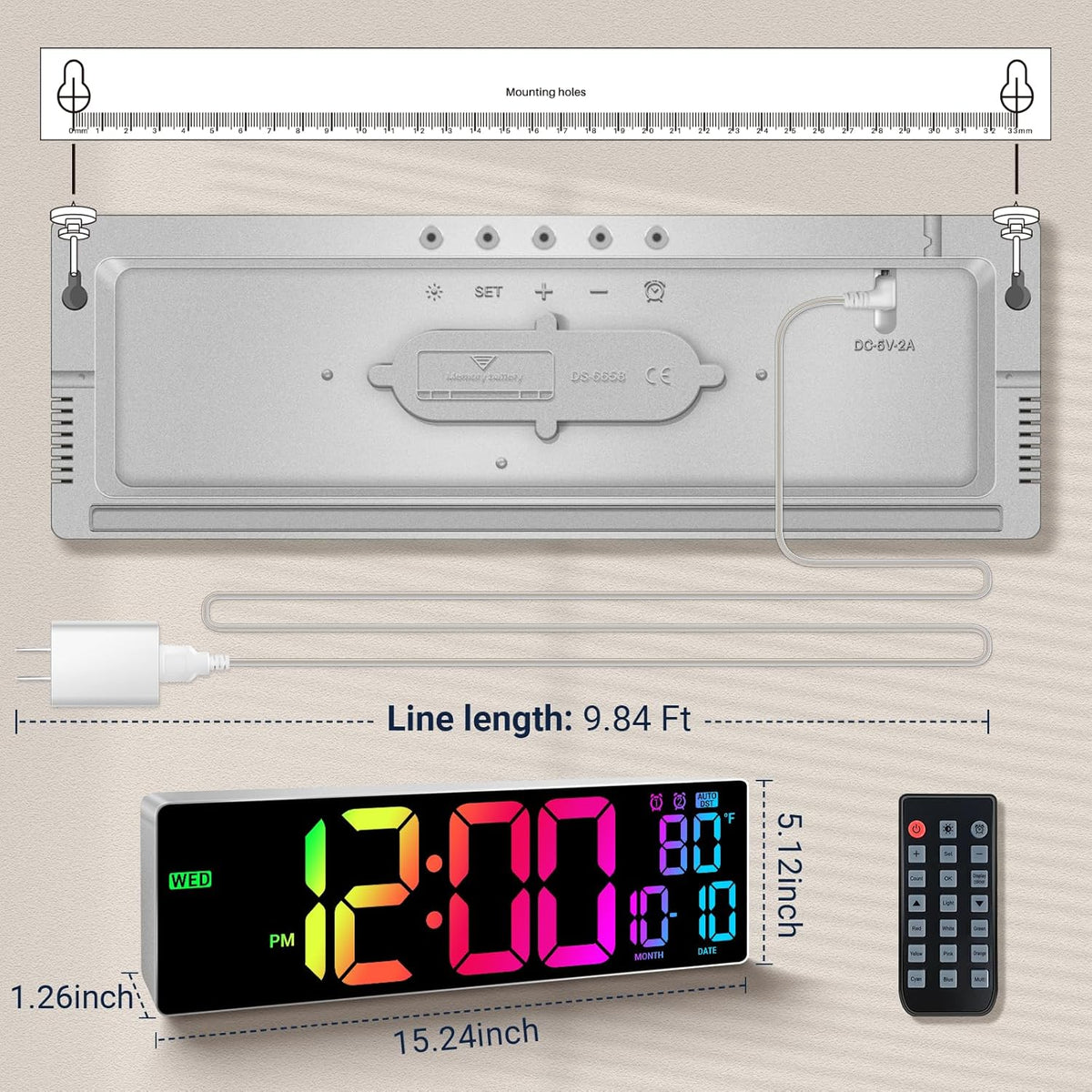 16.5" Large Digital Wall Clock: 11 RGB Colors Wall Mount Decor Clock for Living Room Bedroom Office Classroom, House Warming Gifts New Home Decor, Birthday Gifts for Men Women Gray