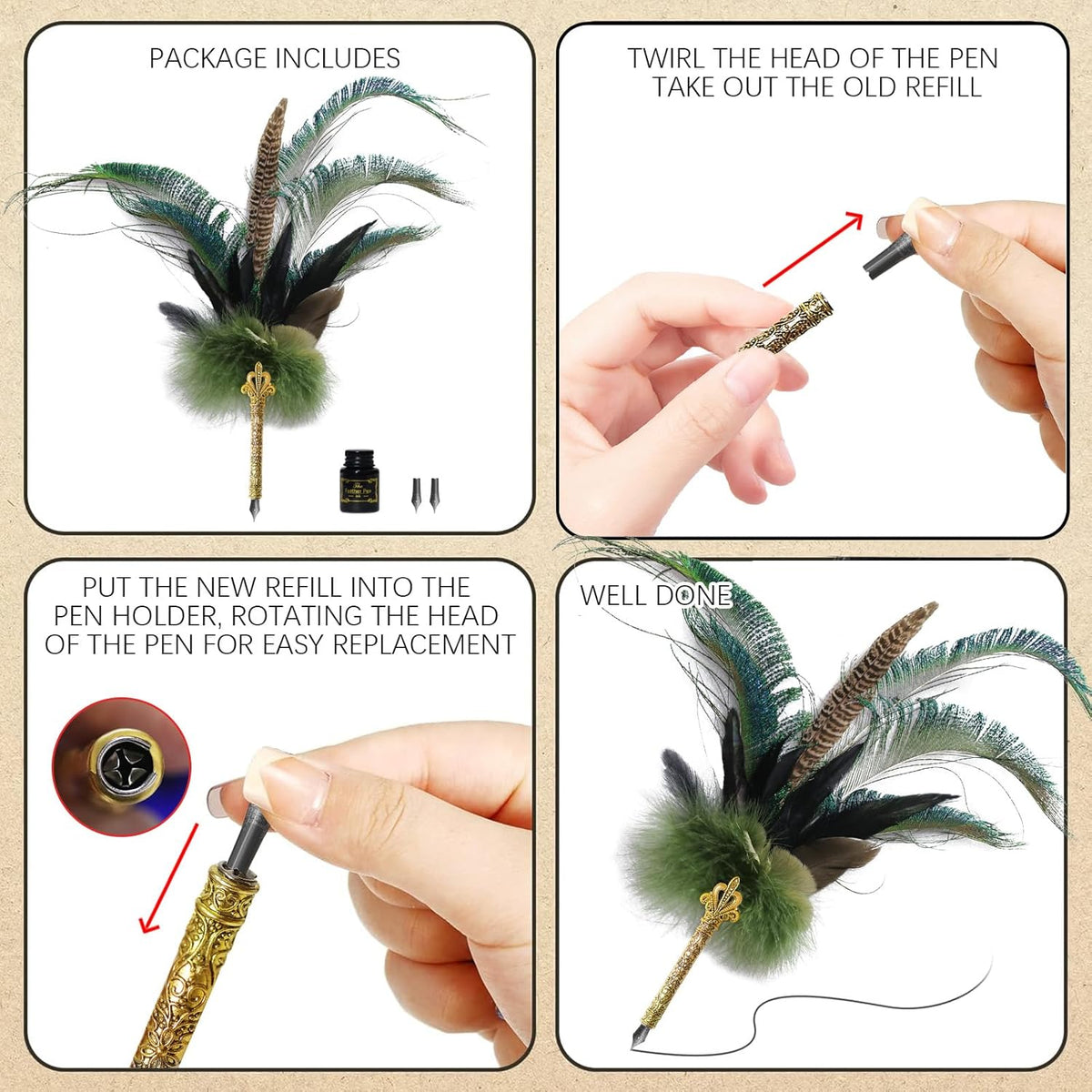CROWN GUIDE Luxury Feather Pen with Black Ink Set - 13.8" Peacock Fancy Quill Fountain Pen for Writing Calligraphy, Wedding Nikkah Pen for Guest Book Journaling Gift, Green