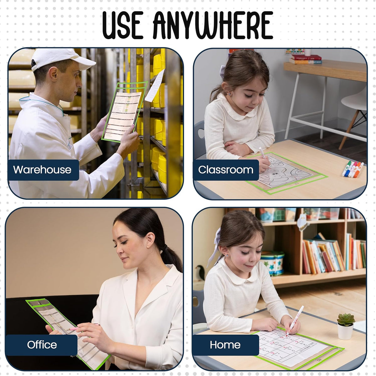 Essex Wares - 6 Pack, Lime Green, Water-Resistant Dry Erase Pocket Document Protectors, 10" Wide x 13.5" Tall - Dry Erase Clear Plastic Sleeves - Reusable & Easy Erase Plastic Invoice Holders