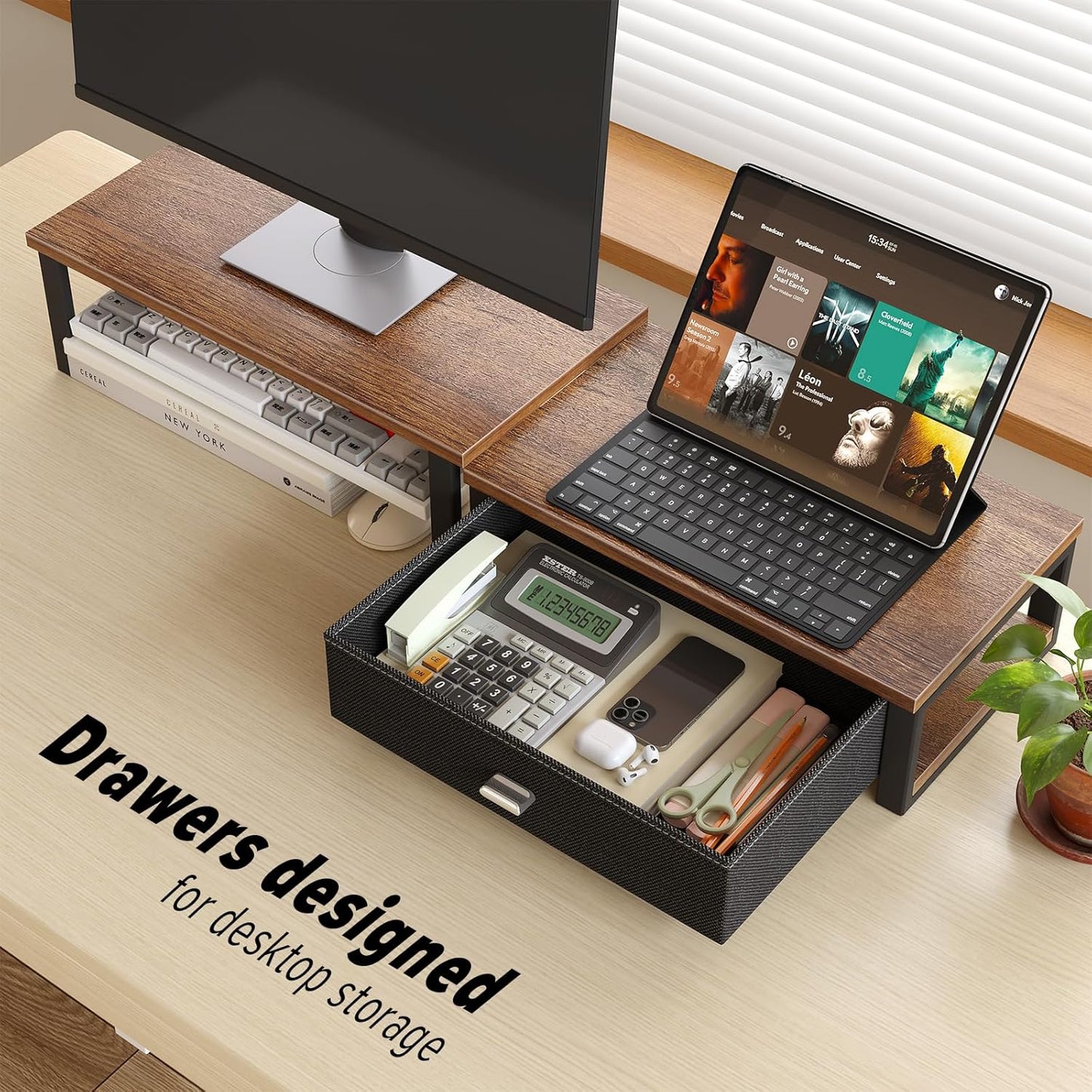WOHOMO Dual Monitor Stand Riser with Drawers, Desk Organizers for 2 Monitors, Desktop Storage Stand for Computer,Laptop,Walnut