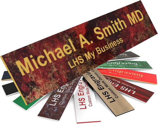 LHS My Business | Engraved Name Plates for Door Sign Personalized Rustico Granite Pattern Plastic Plaque with Gold Letters - Made in USA 2x10 S7