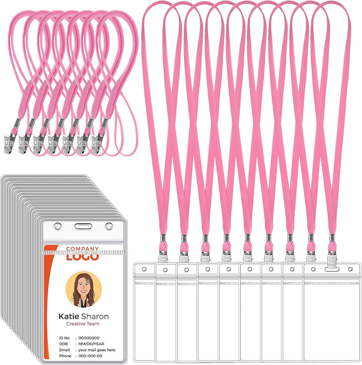 Marspark 200 Pcs Name Tag Lanyards with ID Holder Lanyards for ID Badges Resealable Flat Neck Name Tag with Clip Waterproof Plastic Clear Badges Bulk for School Office Supplies (Pink)