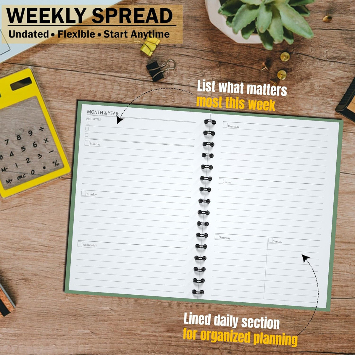 Undated Monthly and Weekly Planner - 12 Month Calendar Planner Notebook with Week Days - Hardcover Undated Planners Blank Agenda Book - A5 Green