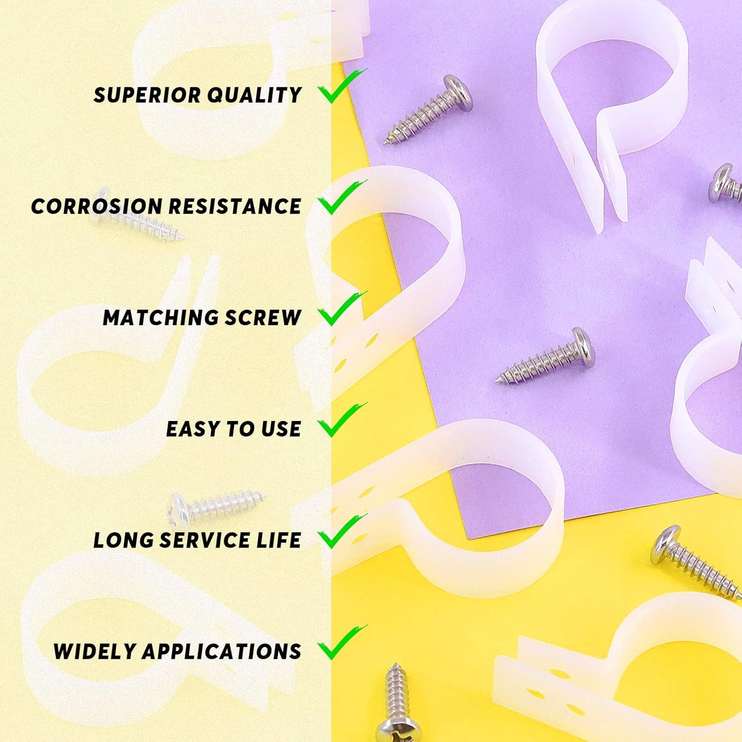 Swpeet 60 Pack White 1 Inch Nylon Plastic R-Type Cable Clips Clamp Kit, Nylon Screw Mounting Cord Fastener Clips with 60 Pack Screws for Wire Management