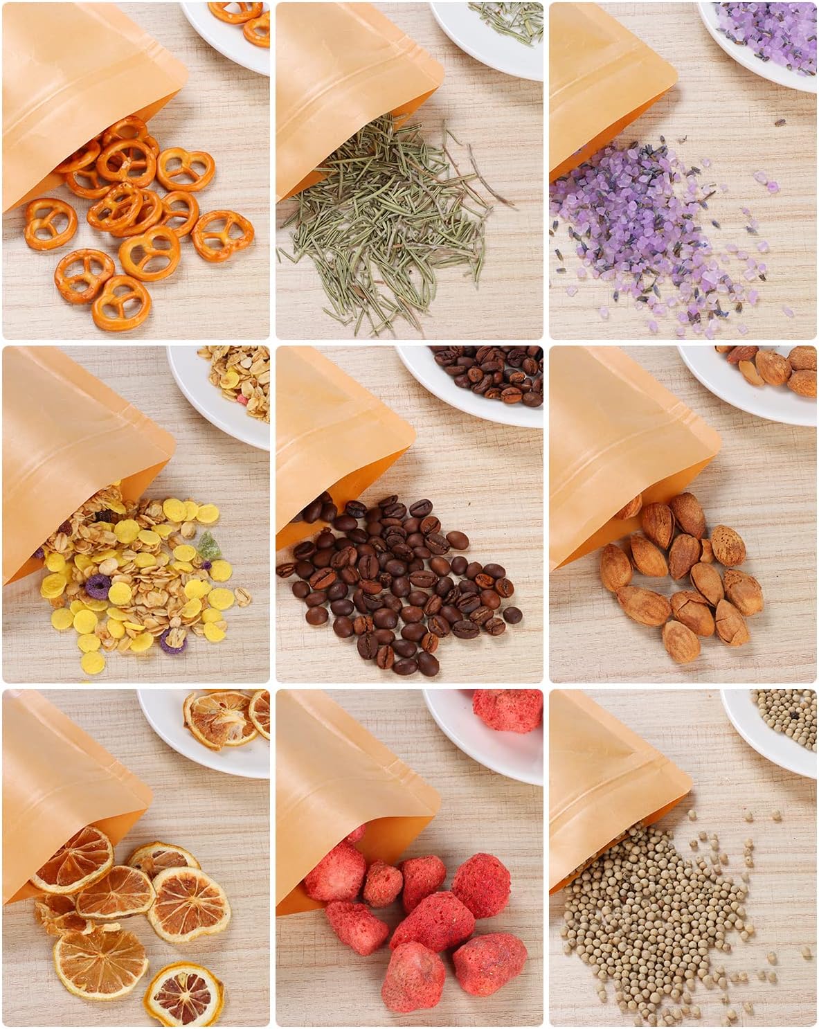 50pcs Kraft Bags with Window 3.5x5.5 Inches Brown Reusable Sealable Zip Lock Food Storage Stand up Paper Pouches for Home or Business