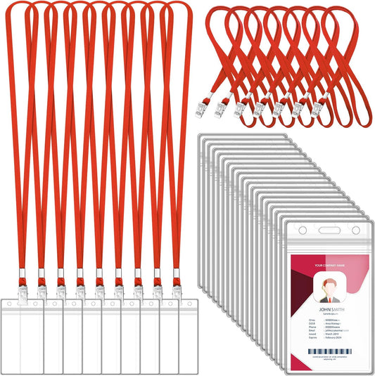 100 Sets Lanyards for Id Badges and Clear Plastic Vertical Name Badge ID Card Holders, Flat Neck Lanyards with Clip Waterproof Resealable Name Tag Badge ID Card Holders, Red