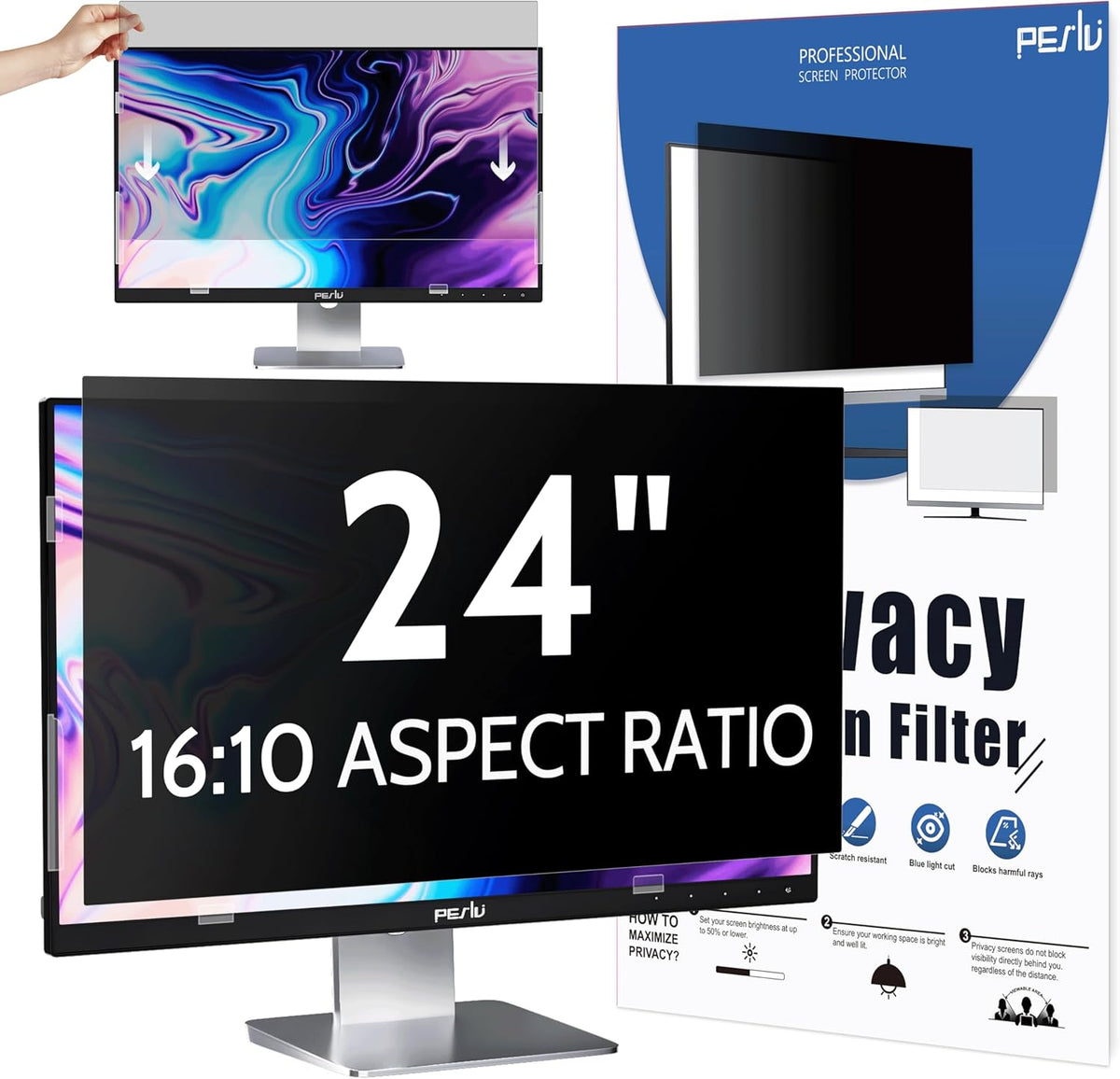 Privacy Screen for Computer Monitor 24 Inch 16:10 Aspect Ratio, Anti Blue Light Glare Removable 24 in Privacy Screen Filter Protective Film, HD 24 Inch Privacy Screen Protector for Monitor