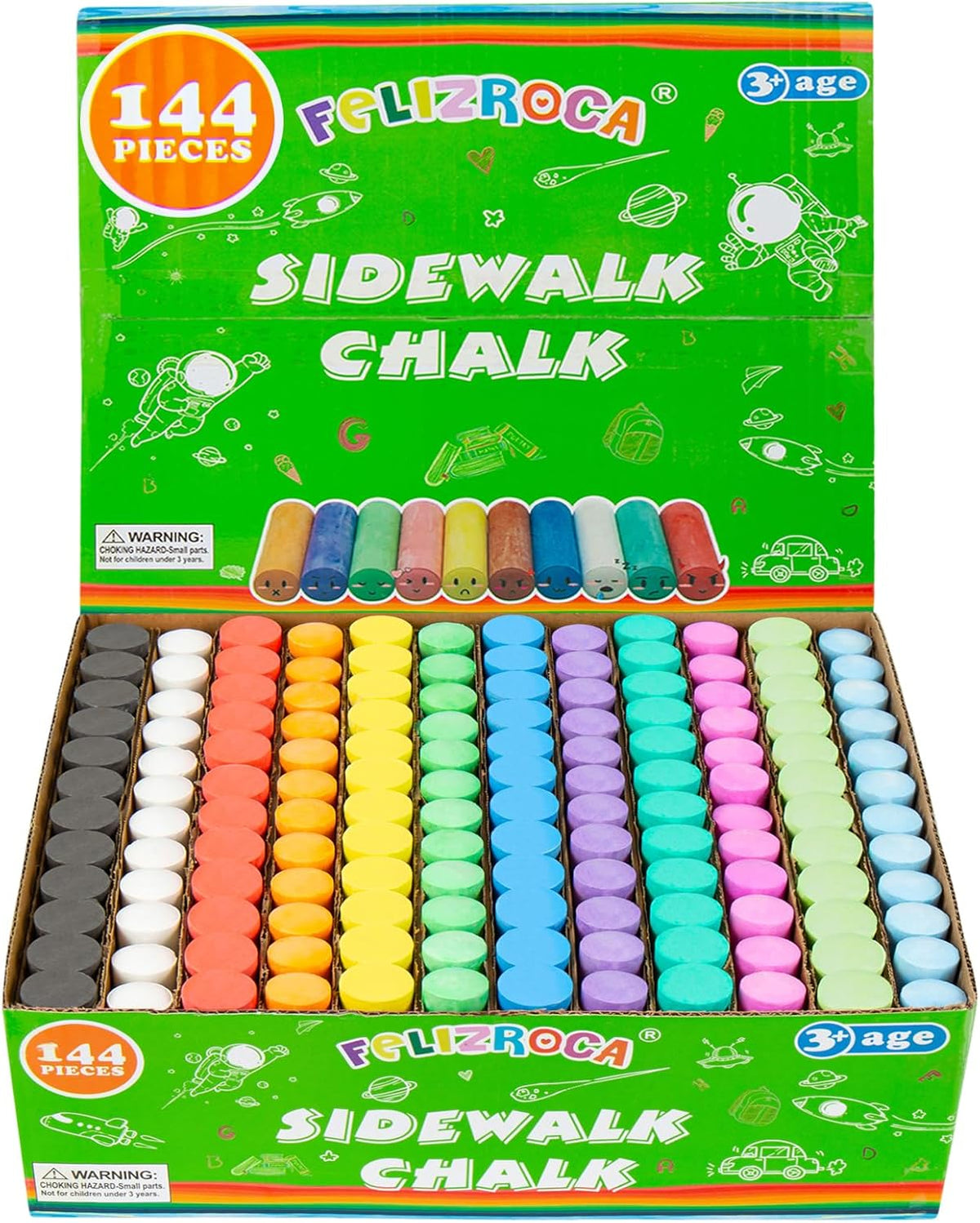 144PCS Washable Sidewalk Chalks Set in 12 Colors Non-Toxic Coloured Chalk Pavement for Kids Jumbo Chalk for Toddler Painting on Blackboard, Playground, Party