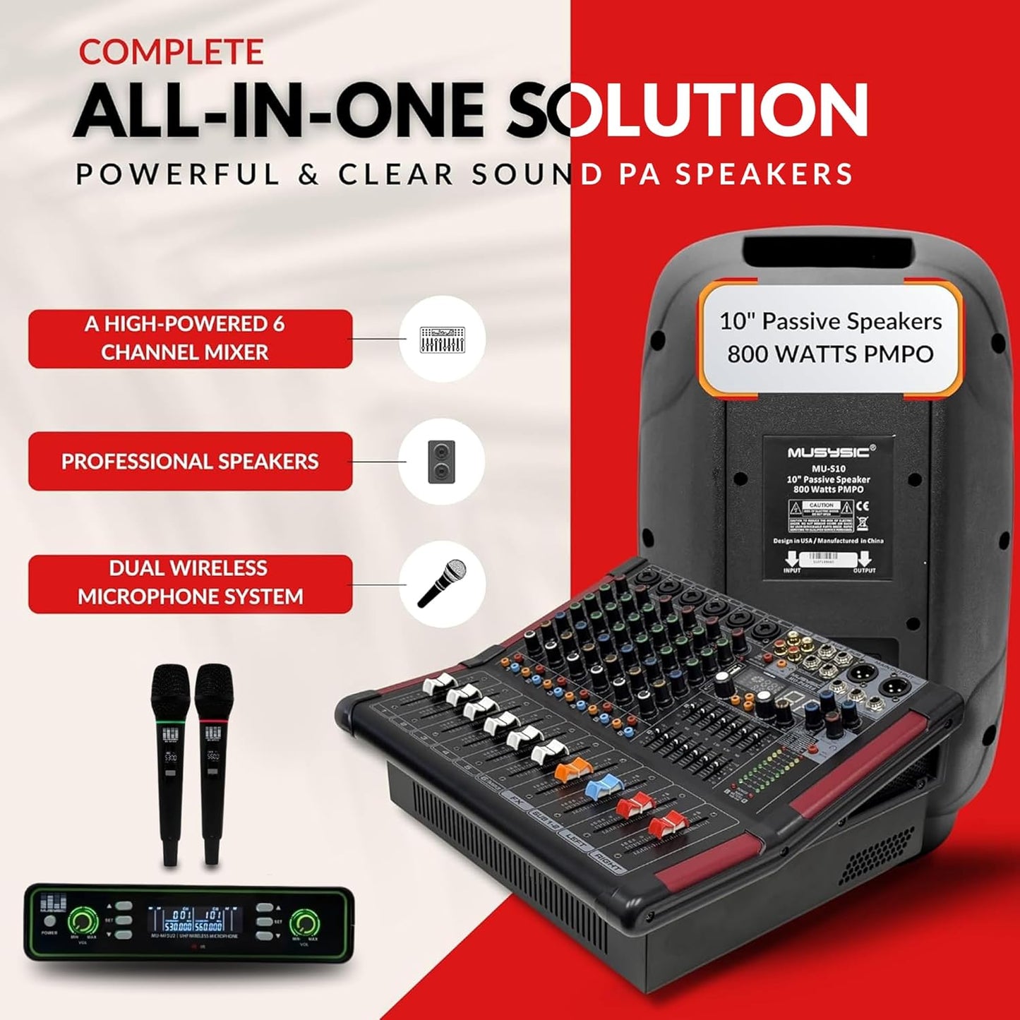 MUSYSIC Portable PA System with 2000W Amp & Wireless UHF Microphone System. 6 Ch Audio Mixer with Multiple Inputs. pa system with wireless microphone and speakers, Complete w/Stands - 10" Speaker 800W