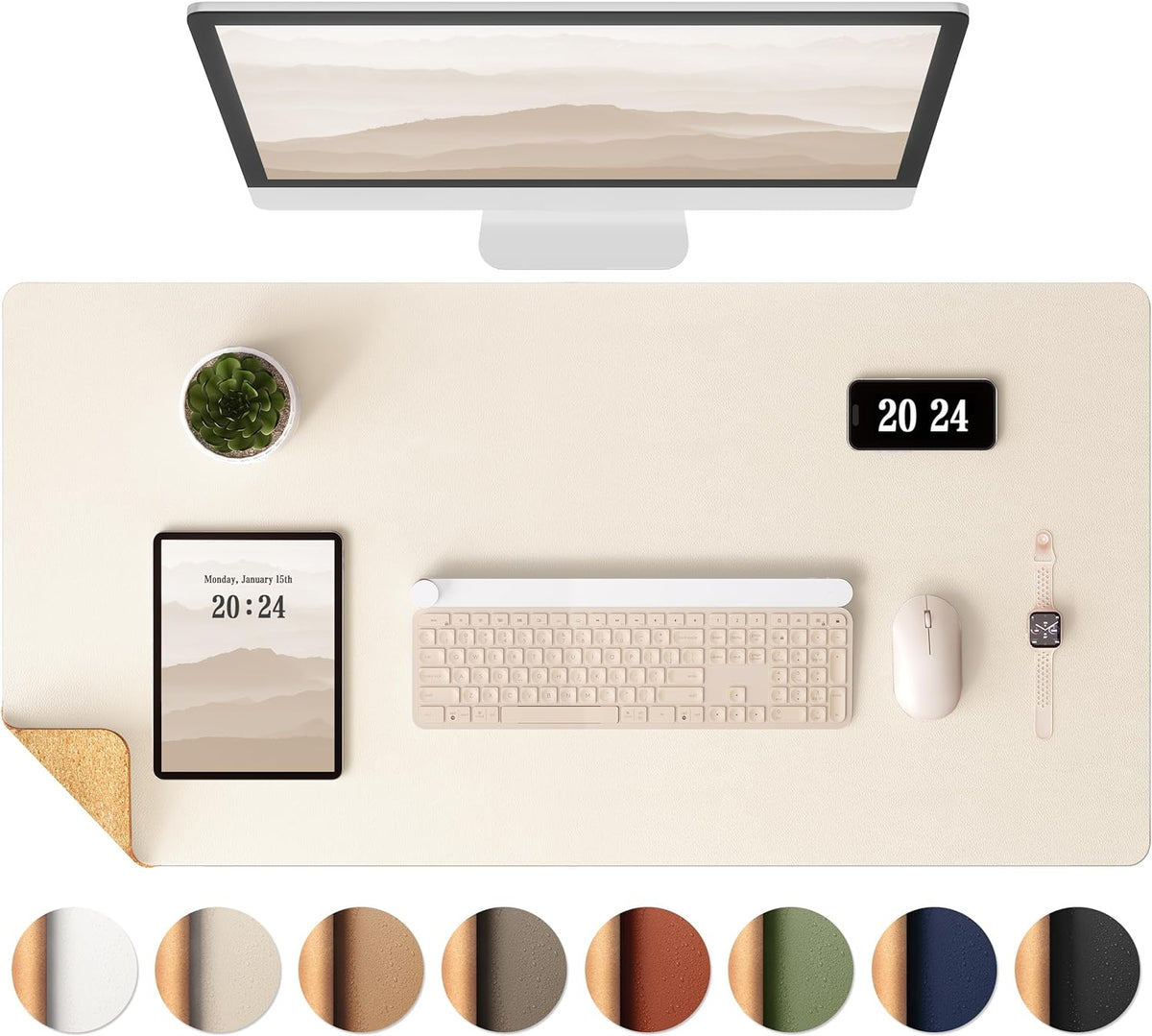 Aothia Dual-Sided Desk Mat - Natural Cork & Leather Desk Protector, Large Mouse Pad, Waterproof Blotter, Writing Pad for Office/Home, Beige (25.6"x13.7")