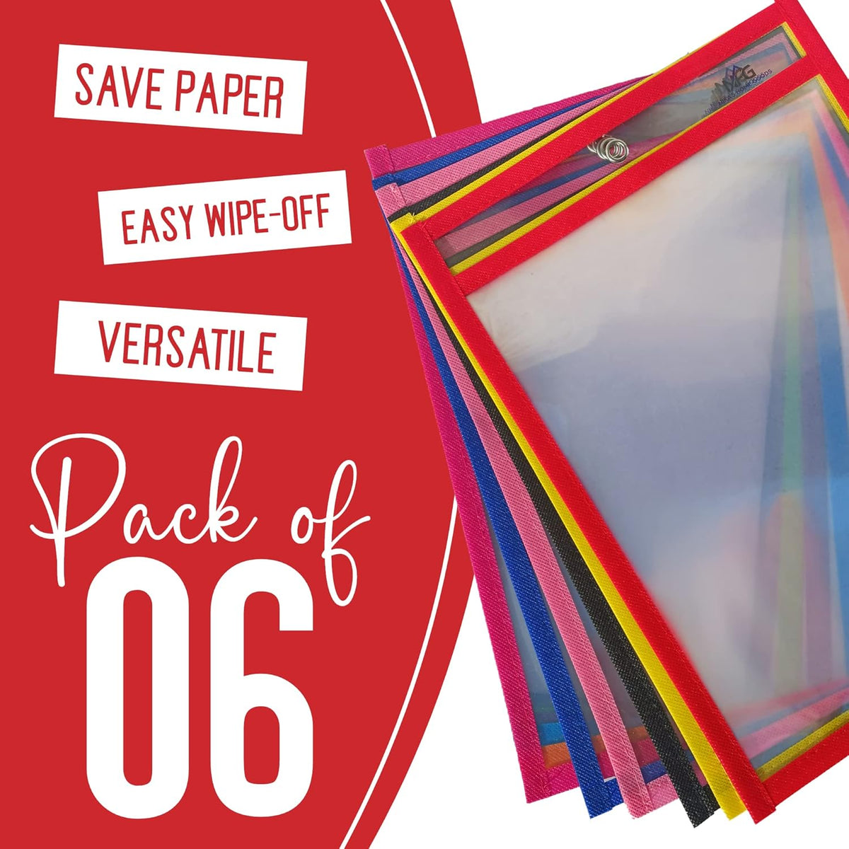6 Packs Oversized Dry Erase Pockets Sleeves Reusable - 10x14 Dry Erase Sheets Ticket Holders 6 Assorted Colors with Binder Ring, Clear Plastic Sheet Protectors, Teacher School Classroom Supplies