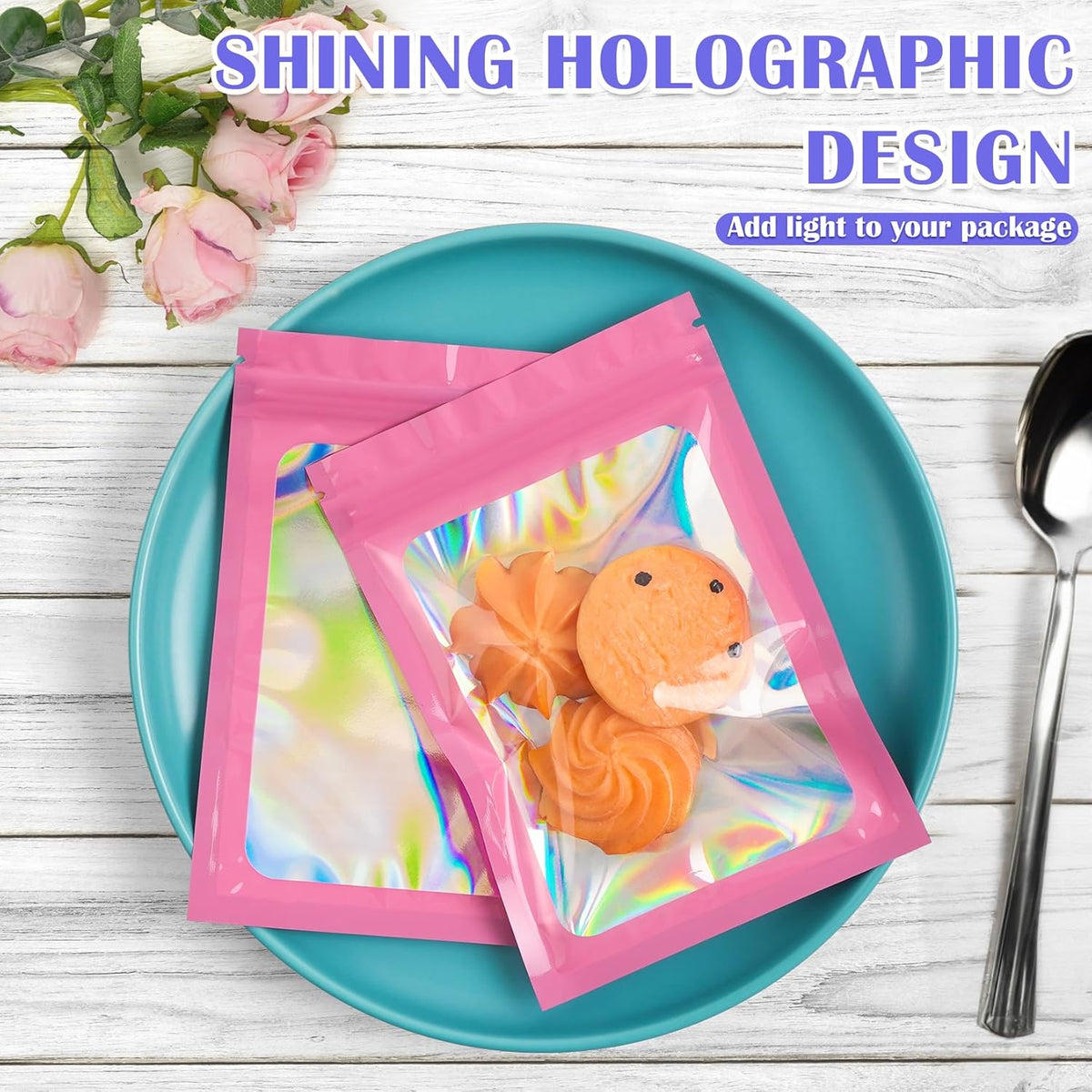 100 PCS Mylar Bags, Pink Holographic Bags, Smell Proof Bag, Resealable Bag for Small Business, Packaging, Food Storage, Bracelets, Jewelry（5.5x7.9in）